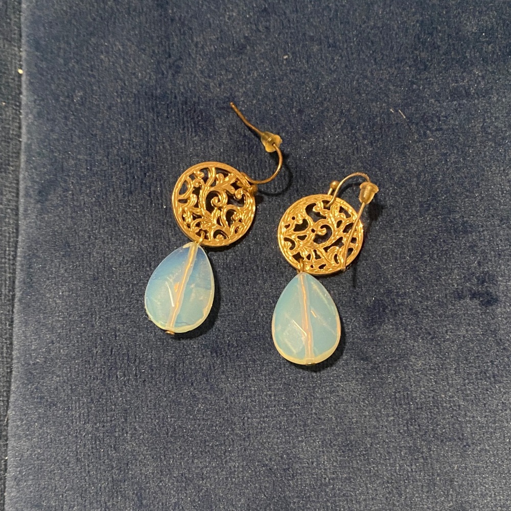 Gold Filigree and Blue Teardrop Earrings